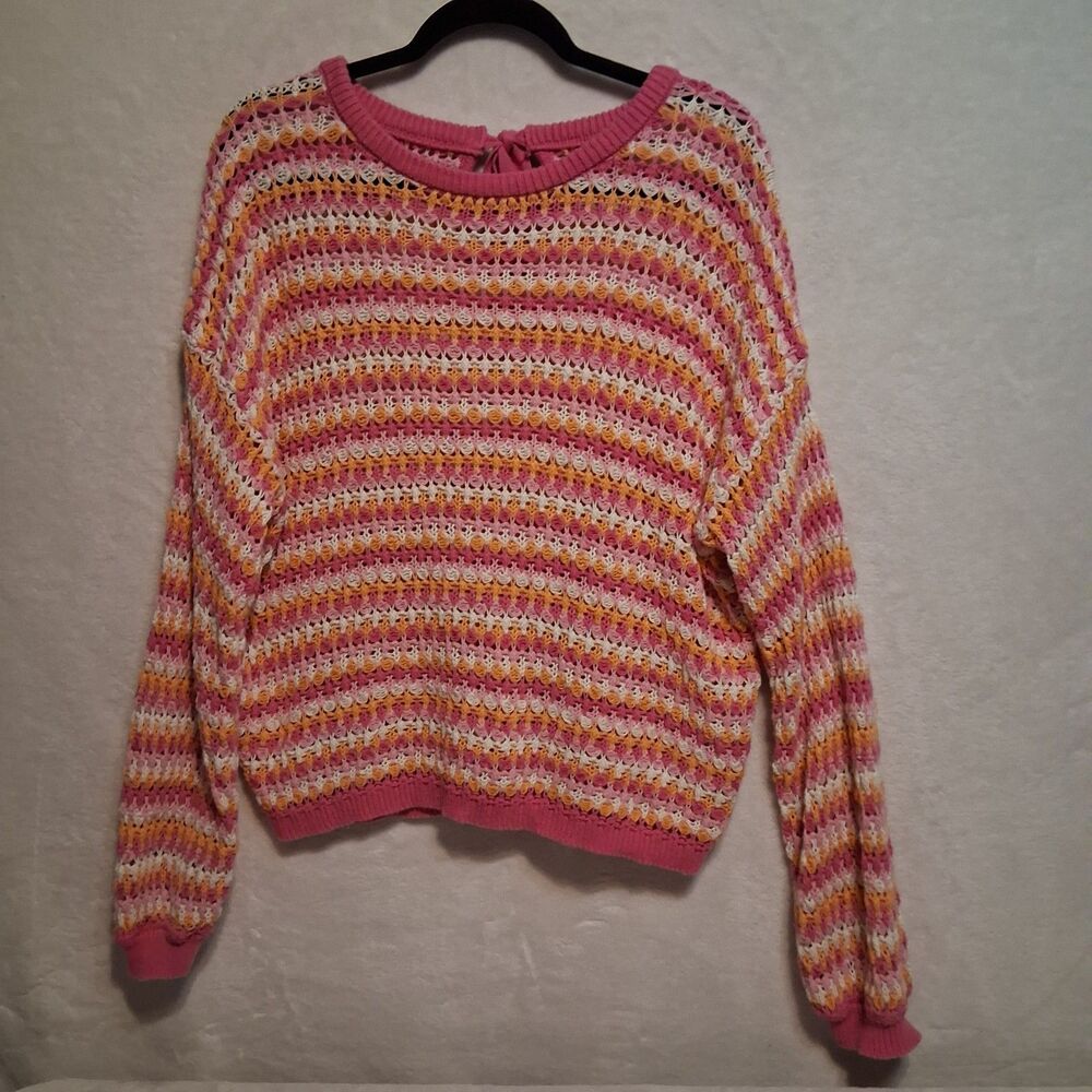 Blu Pepper L Sweater Open Knit Pink Striped Bow Back Coastal Beach Spring Cruise